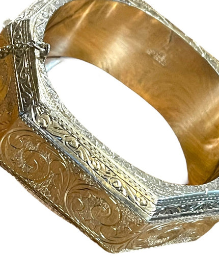 Rare Sterling silver etched Victorian 925 Chunky heavy Bangle bracelet Siam