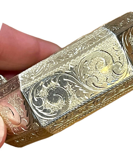 Rare Sterling silver etched Victorian 925 Chunky heavy Bangle bracelet Siam