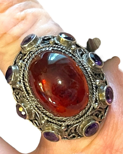 Vintage Sterling silver 925 China export Filagree Amethyst Amber chunky Ring