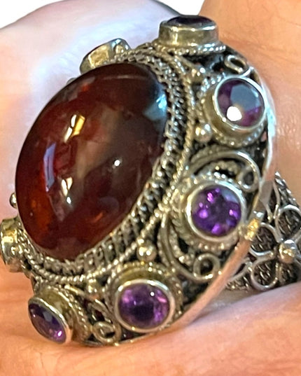 Vintage Sterling silver 925 China export Filagree Amethyst Amber chunky Ring
