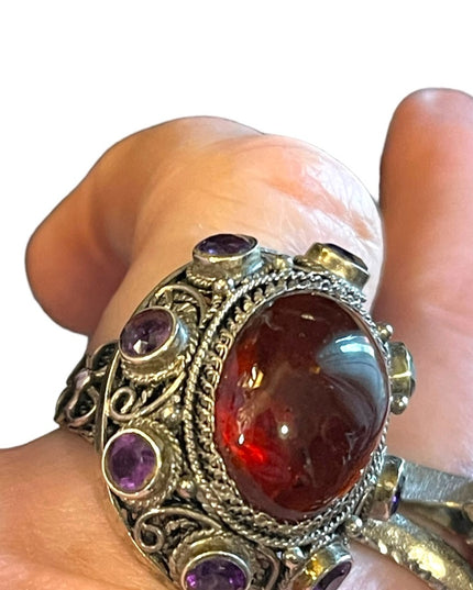 Vintage Sterling silver 925 China export Filagree Amethyst Amber chunky Ring