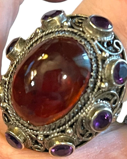 Vintage Sterling silver 925 China export Filagree Amethyst Amber chunky Ring