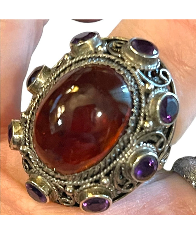 Vintage Sterling silver 925 China export Filagree Amethyst Amber chunky Ring