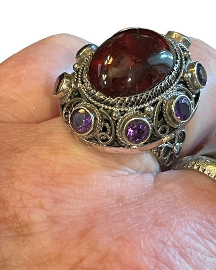 Vintage Sterling silver 925 China export Filagree Amethyst Amber chunky Ring