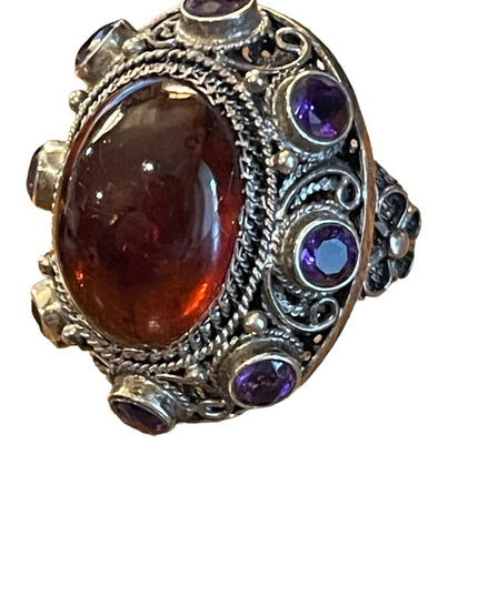 Vintage Sterling silver 925 China export Filagree Amethyst Amber chunky Ring