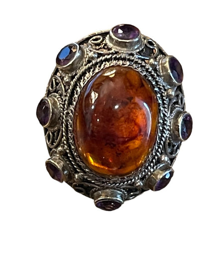 Vintage Sterling silver 925 China export Filagree Amethyst Amber chunky Ring