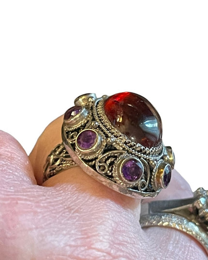 Vintage Sterling silver 925 China export Filagree Amethyst Amber chunky Ring