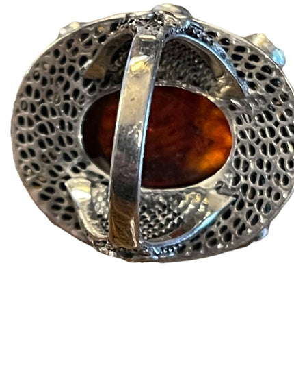 Vintage Sterling silver 925 China export Filagree Amethyst Amber chunky Ring