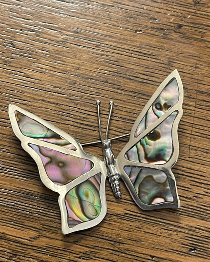 Vintage 1940s ECF Mexico Abalone Inlay Sterling silver 925 Fancy LG butterfly