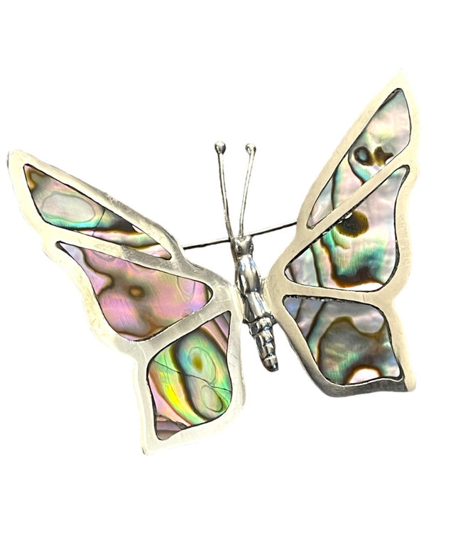 Vintage 1940s ECF Mexico Abalone Inlay Sterling silver 925 Fancy LG butterfly