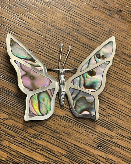 Vintage 1940s ECF Mexico Abalone Inlay Sterling silver 925 Fancy LG butterfly
