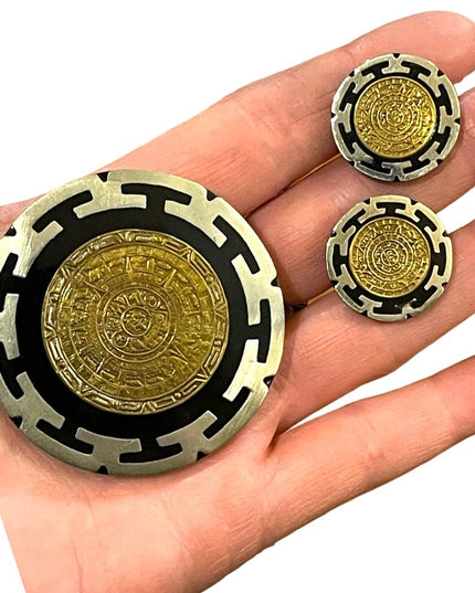 Vintage 1950s Sterling silver 925 Mexico Aztec Mayan Calendar brooch earrings
