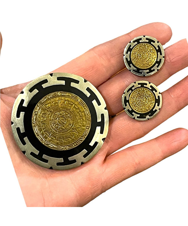 Vintage 1950s Sterling silver 925 Mexico Aztec Mayan Calendar brooch earrings