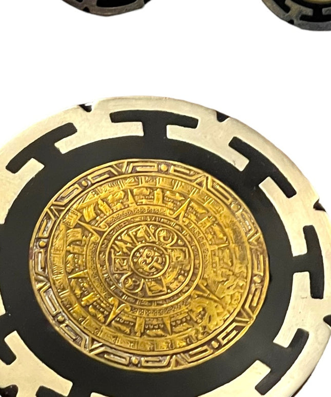 Vintage 1950s Sterling silver 925 Mexico Aztec Mayan Calendar brooch earrings