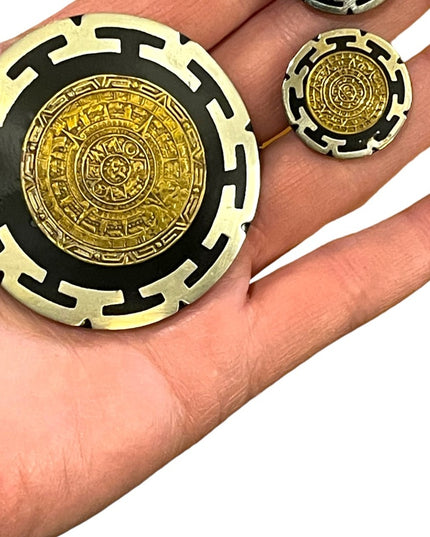 Vintage 1950s Sterling silver 925 Mexico Aztec Mayan Calendar brooch earrings
