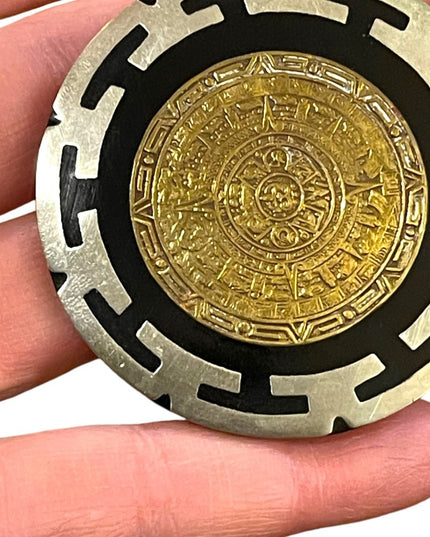Vintage 1950s Sterling silver 925 Mexico Aztec Mayan Calendar brooch earrings