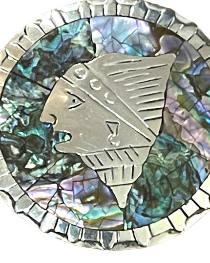 Vintage DMO Sterling silver Mexico Abalone Aztec Mayan Brooch Pendant Large