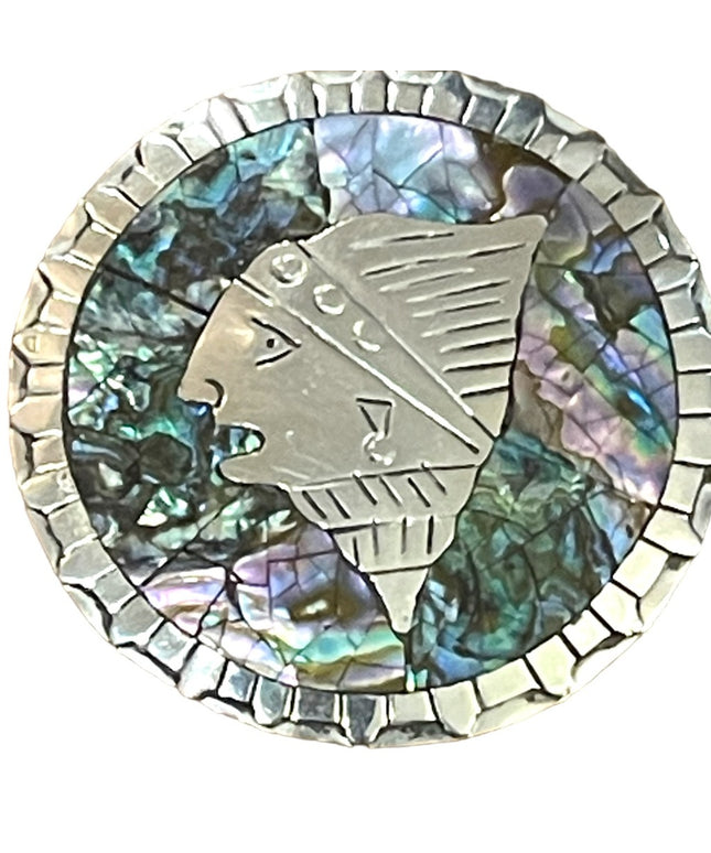 Vintage DMO Sterling silver Mexico Abalone Aztec Mayan Brooch Pendant Large