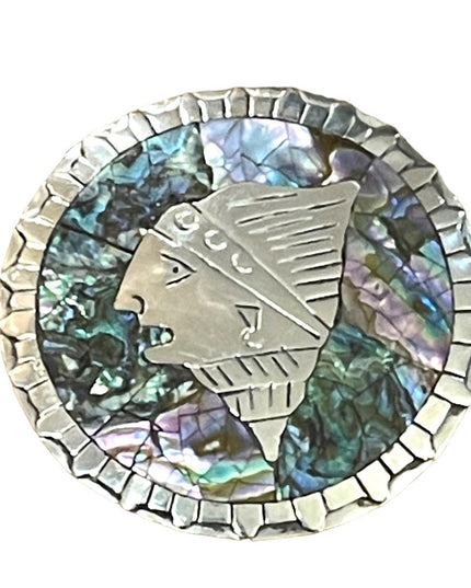 Vintage DMO Sterling silver Mexico Abalone Aztec Mayan Brooch Pendant Large