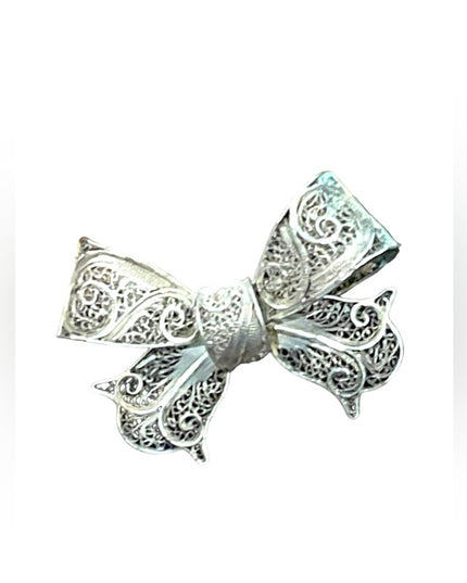 Antique fancy ornate silver filagree wirework chinese export Bow brooch