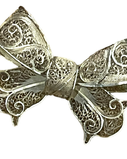 Antique fancy ornate silver filagree wirework chinese export Bow brooch