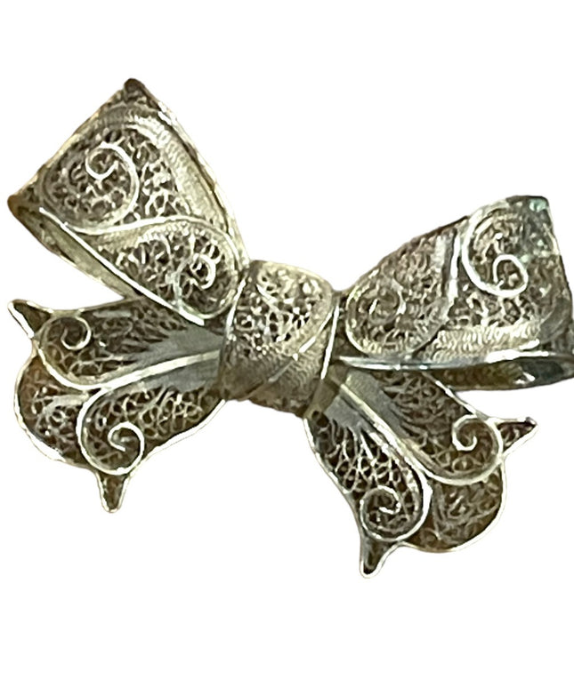 Antique fancy ornate silver filagree wirework chinese export Bow brooch