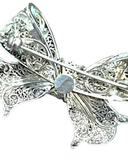 Antique fancy ornate silver filagree wirework chinese export Bow brooch