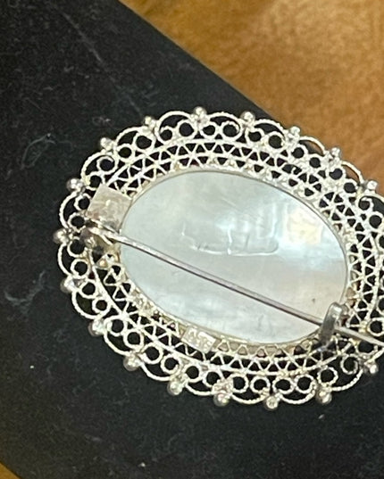 Antique 925 Sterling silver filagree MOP Fancy oval design brooch