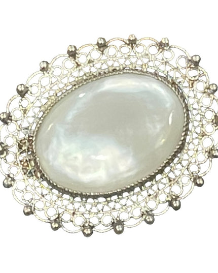 Antique 925 Sterling silver filagree MOP Fancy oval design brooch