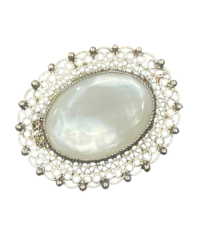 Antique 925 Sterling silver filagree MOP Fancy oval design brooch