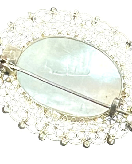 Antique 925 Sterling silver filagree MOP Fancy oval design brooch