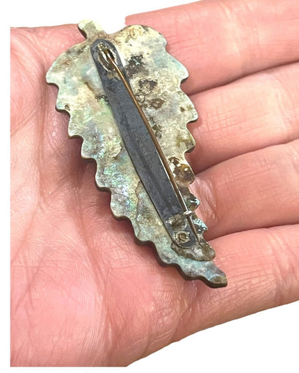Antique Sterling silver C clip Abalone Large fancy feather brooch