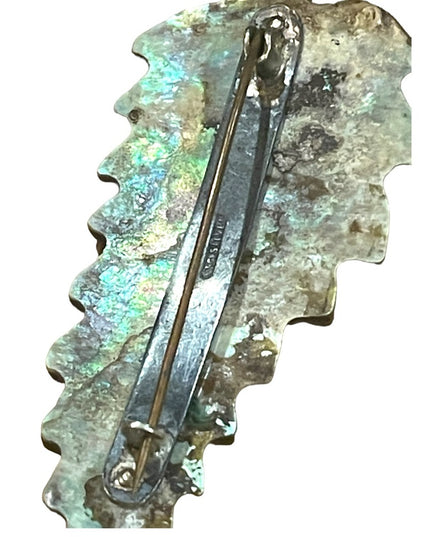 Antique Sterling silver C clip Abalone Large fancy feather brooch