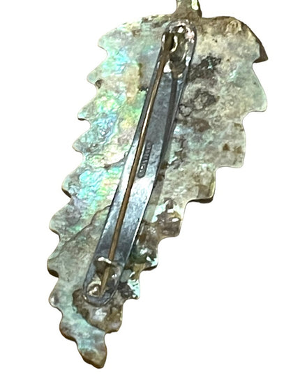 Antique Sterling silver C clip Abalone Large fancy feather brooch
