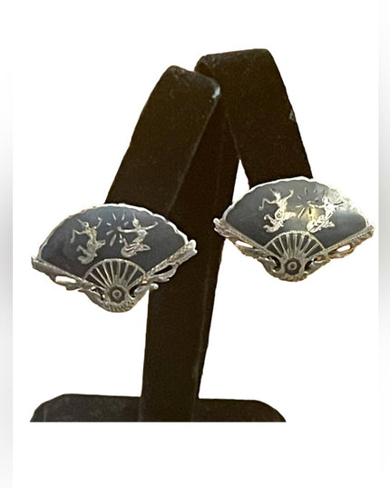 Vintage Siam Sterling 925  black enamel fan goddes etched earrings clip on