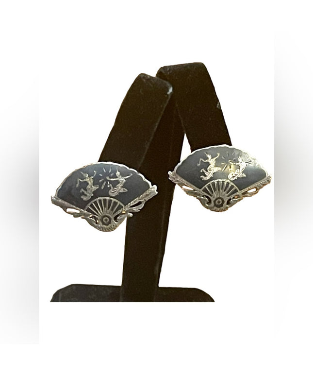 Vintage Siam Sterling 925  black enamel fan goddes etched earrings clip on