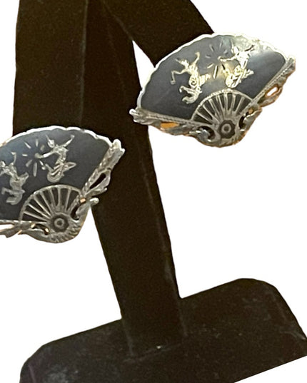 Vintage Siam Sterling 925  black enamel fan goddes etched earrings clip on