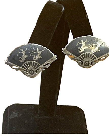 Vintage Siam Sterling 925  black enamel fan goddes etched earrings clip on