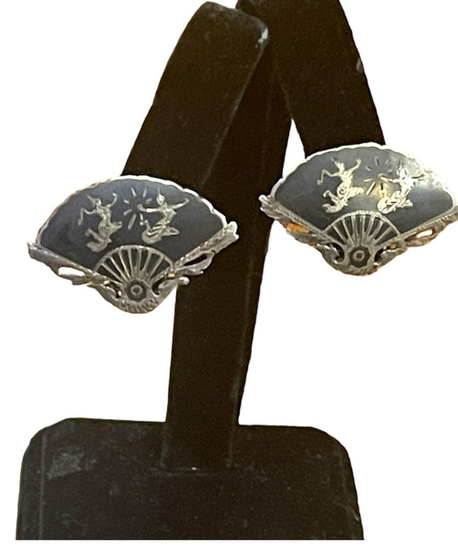 Vintage Siam Sterling 925  black enamel fan goddes etched earrings clip on