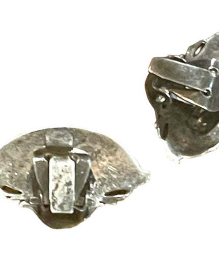 Vintage Siam Sterling 925  black enamel fan goddes etched earrings clip on