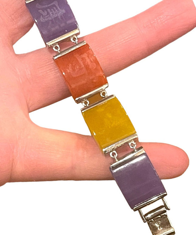 Sterling silver 925 Rhodium plated Multi color Jade Lucky Etched link bracelet