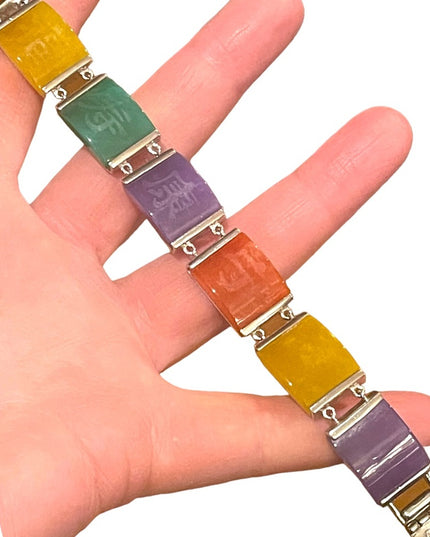 Sterling silver 925 Rhodium plated Multi color Jade Lucky Etched link bracelet