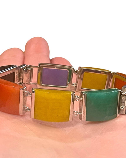 Sterling silver 925 Rhodium plated Multi color Jade Lucky Etched link bracelet