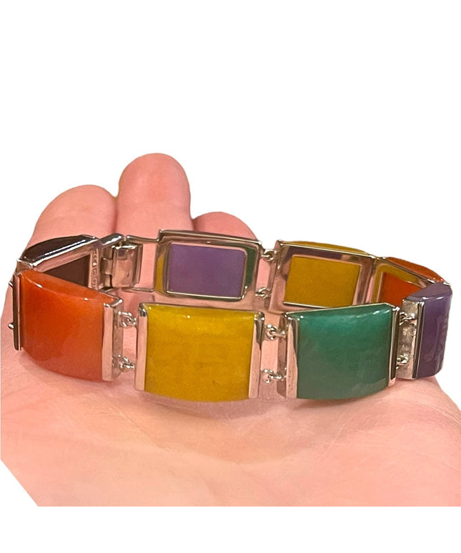 Sterling silver 925 Rhodium plated Multi color Jade Lucky Etched link bracelet