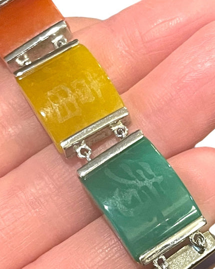 Sterling silver 925 Rhodium plated Multi color Jade Lucky Etched link bracelet