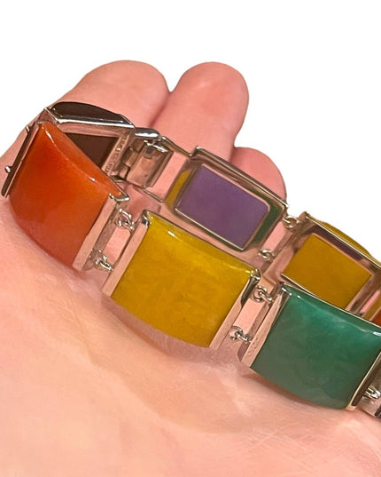 Sterling silver 925 Rhodium plated Multi color Jade Lucky Etched link bracelet