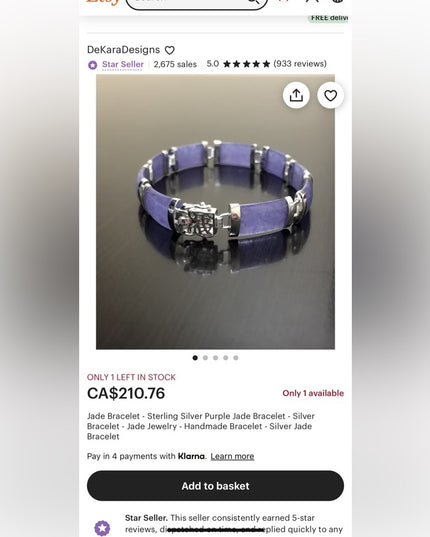 Sterling silver 925 Gold plt Lucky chinese purple Jade link bracelet