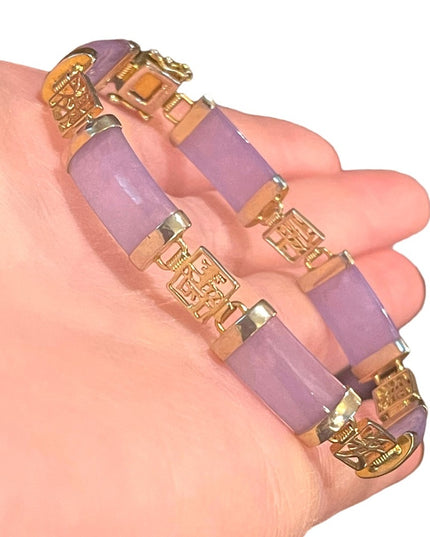 Sterling silver 925 Gold plt Lucky chinese purple Jade link bracelet