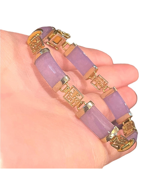Sterling silver 925 Gold plt Lucky chinese purple Jade link bracelet