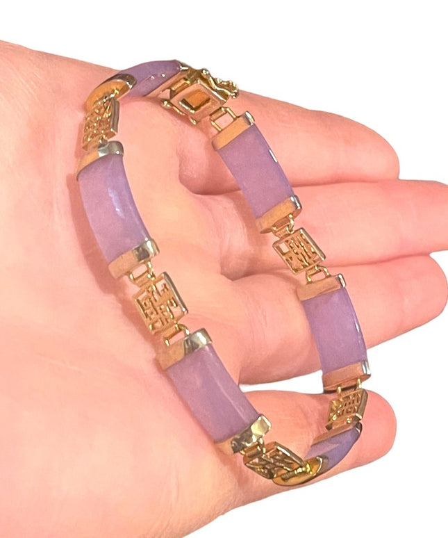 Sterling silver 925 Gold plt Lucky chinese purple Jade link bracelet